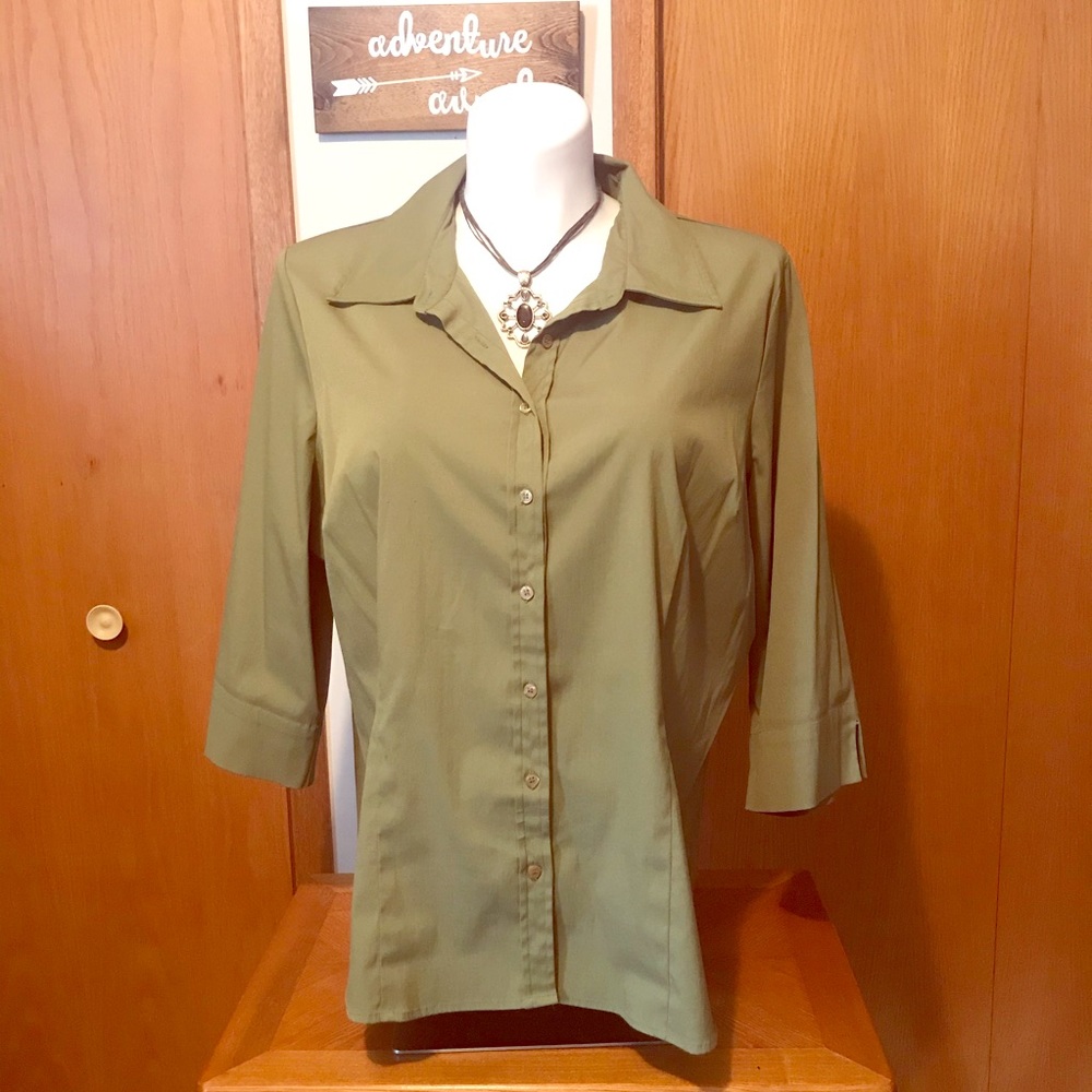 Olive button up stretchy dress shirt